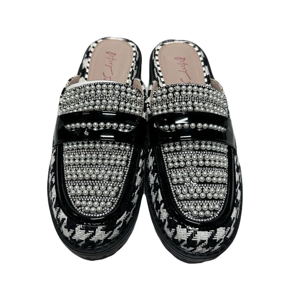 NEW Betsey Johnson Ronin Womens Size 7 Pearl Embellished Houndstooth Mule Loafer